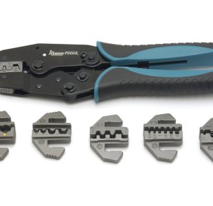 Crimping tool by Kamasa. Built-in lock function that does not release until pressing is complete. Supplied with 6 sets of quick-change hardened jaws.